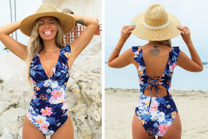 Flower Ruffled Lace-Back One Piece Swimsuit
